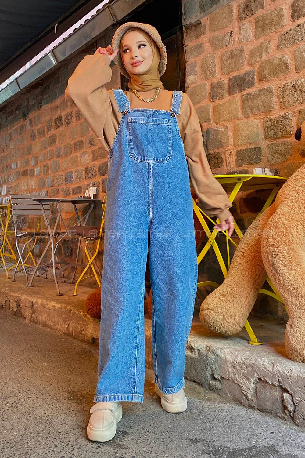 Modalamelif Askılı Önü Cep Detaylı Bol Paça Slopet Tulum Kot Mavisi