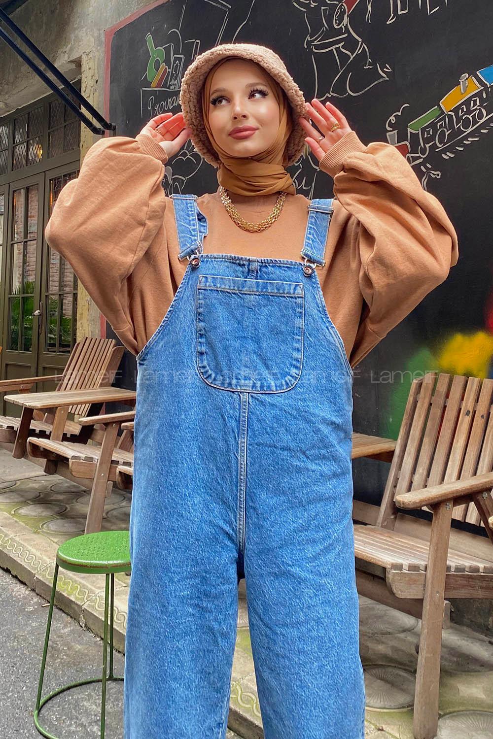 Modalamelif Askılı Önü Cep Detaylı Bol Paça Slopet Tulum Kot Mavisi