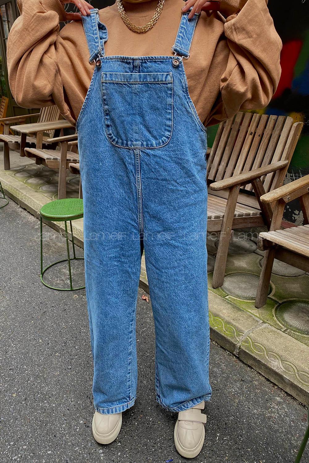 Modalamelif Askılı Önü Cep Detaylı Bol Paça Slopet Tulum Kot Mavisi