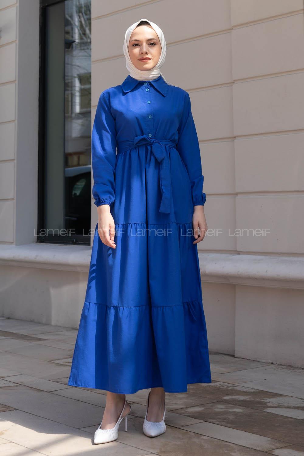 Lamelif Yarım Düğme Detaylı Terikoton Elbise Saks Mavisi