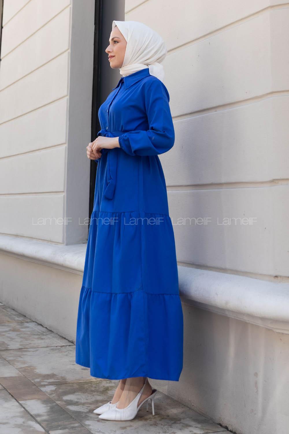 Lamelif Yarım Düğme Detaylı Terikoton Elbise Saks Mavisi