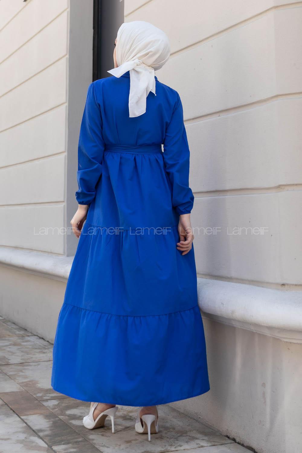 Lamelif Yarım Düğme Detaylı Terikoton Elbise Saks Mavisi