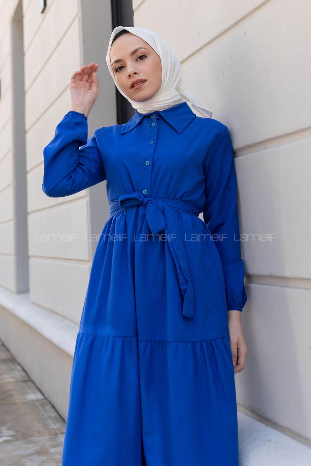 Lamelif Yarım Düğme Detaylı Terikoton Elbise Saks Mavisi