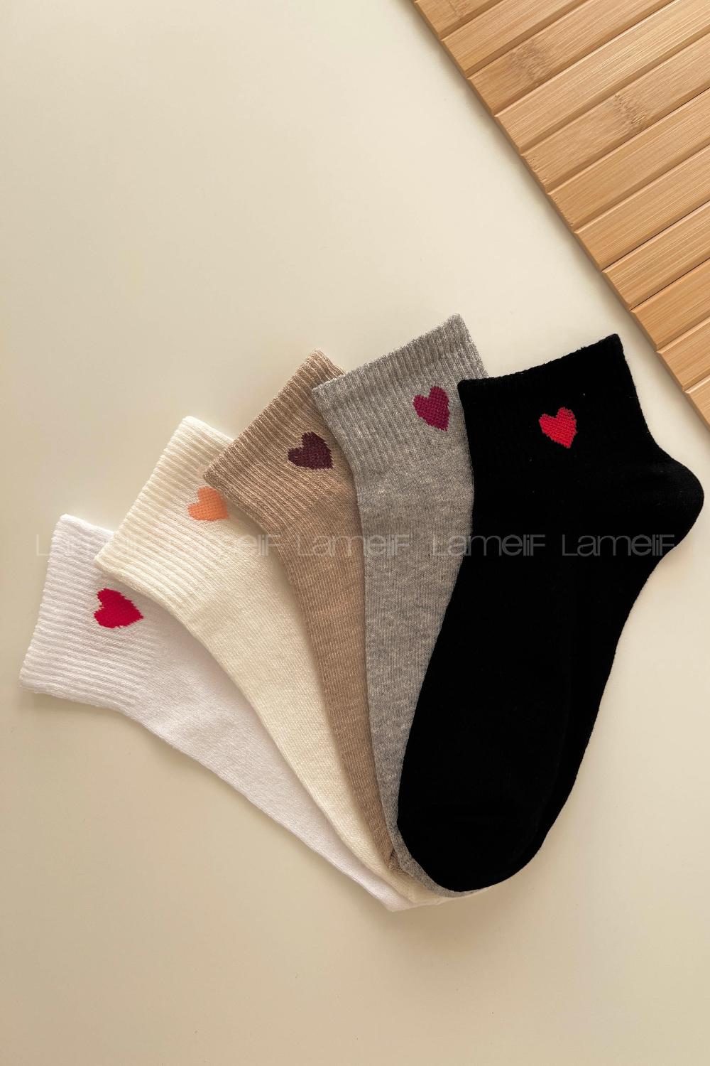 Lamelif 5 Çift Çok Renkli Kalp Desenli Yarım Konç Kadın Çorap
