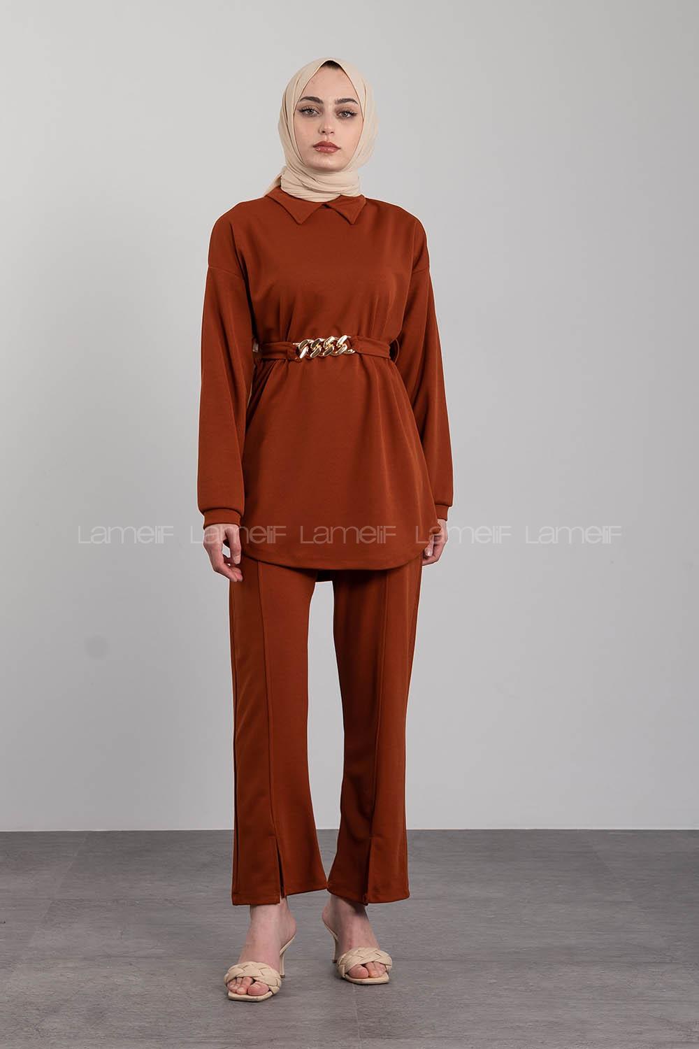 Modalamelif Gömlek Yaka Scuba  İkili Takım Taba