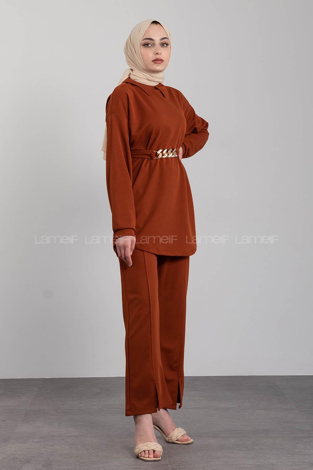 Modalamelif Gömlek Yaka Scuba  İkili Takım Taba