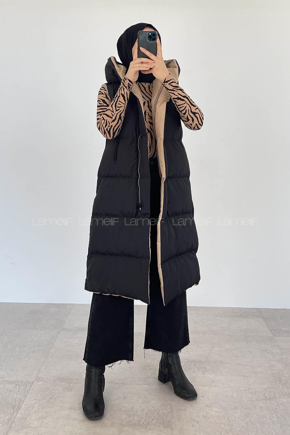 Modalamelif Kapşon Detaylı Çift Taraflı Şişme Yelek Siyah-Bej