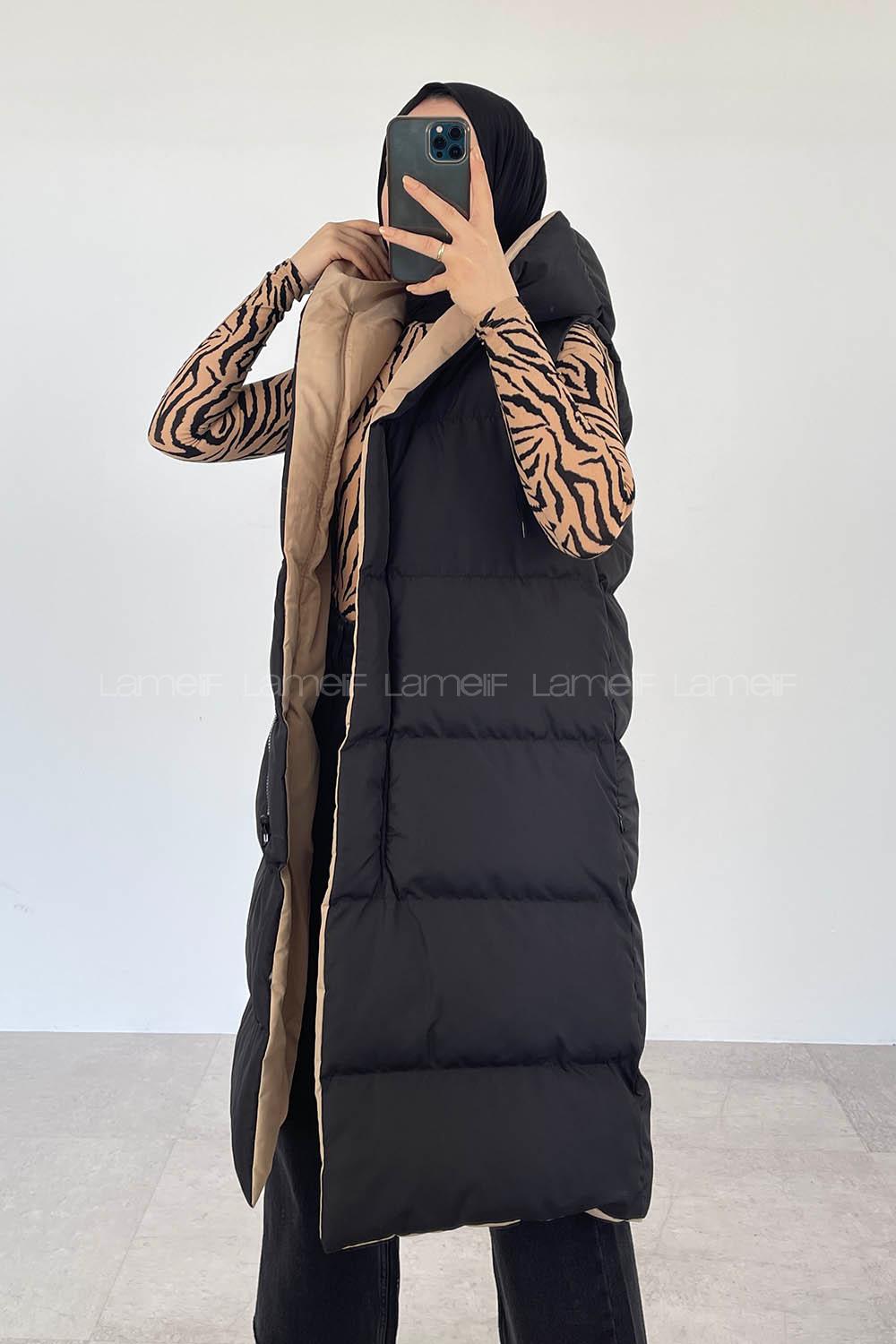 Modalamelif Kapşon Detaylı Çift Taraflı Şişme Yelek Siyah-Bej