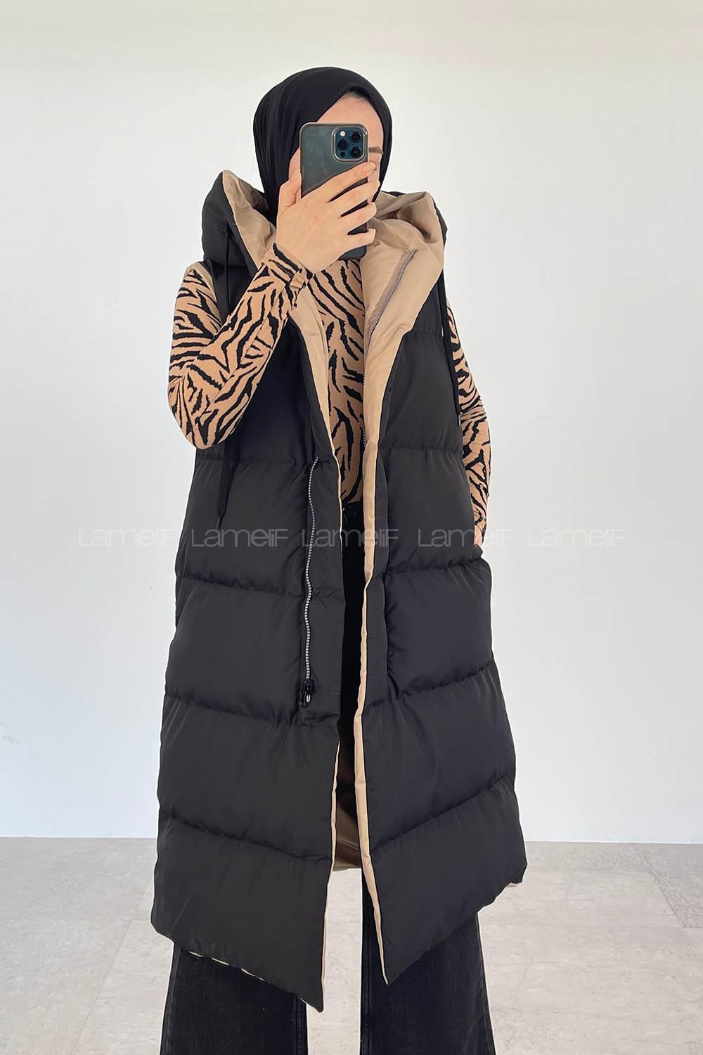 Modalamelif Kapşon Detaylı Çift Taraflı Şişme Yelek Siyah-Bej