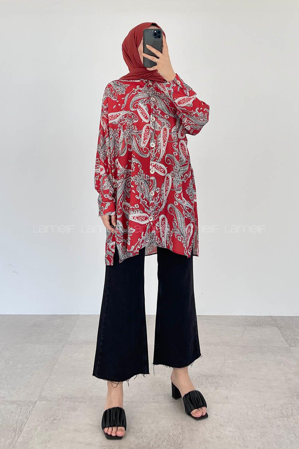 Modalamelif Şal Desen Dijital Baskı Gömlek Kırmızı