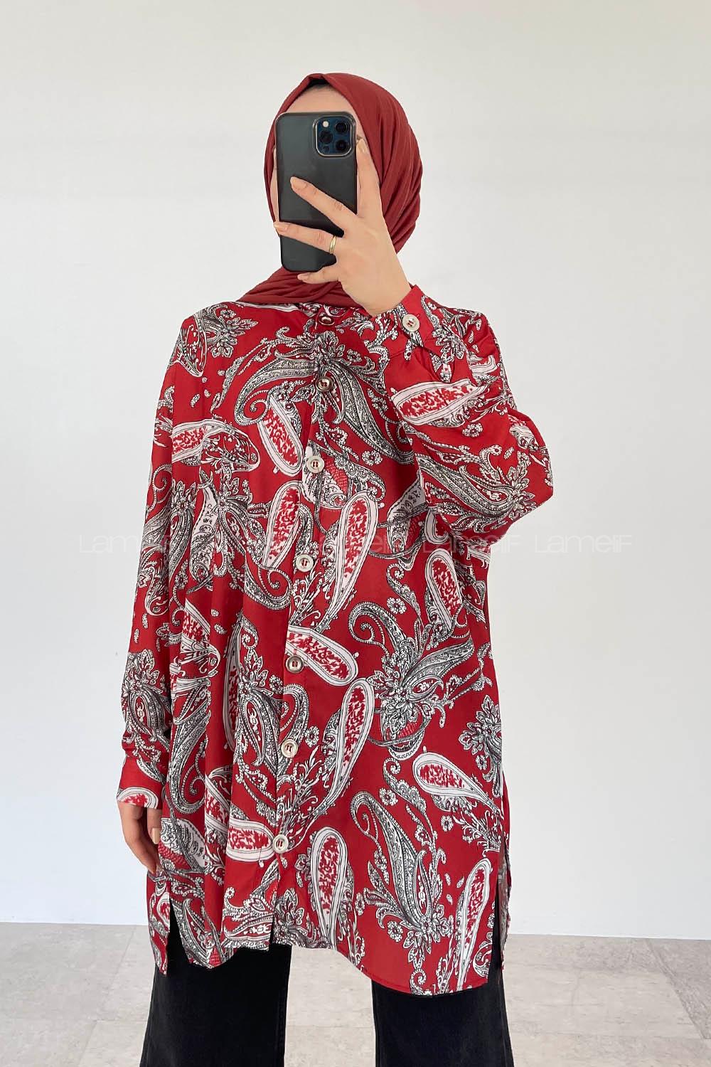 Modalamelif Şal Desen Dijital Baskı Gömlek Kırmızı
