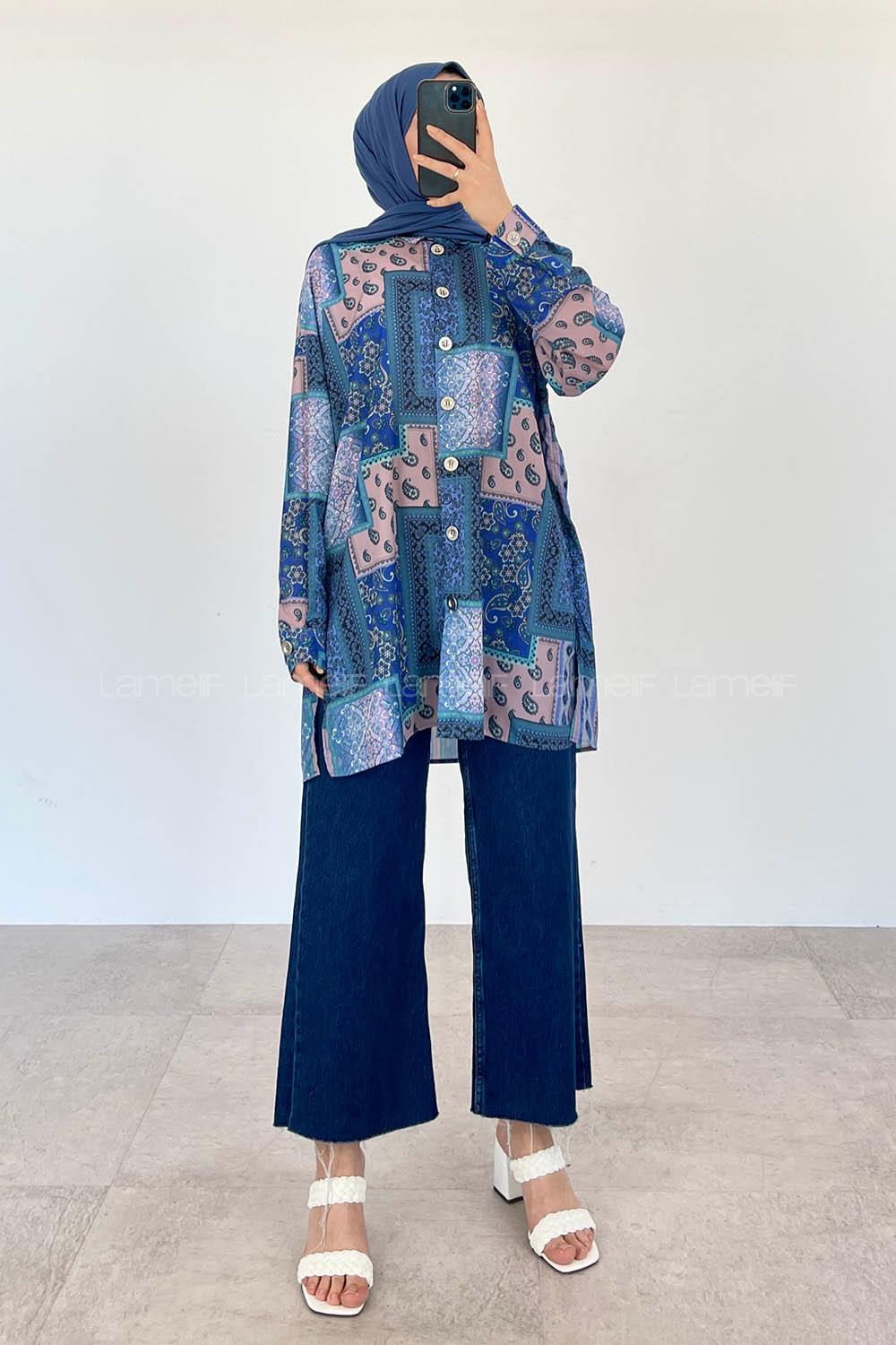 Modalamelif Şal Desen Dijital Baskı Gömlek Mavi