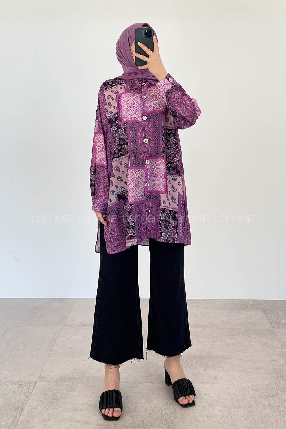 Modalamelif Şal Desen Dijital Baskı Gömlek Mor