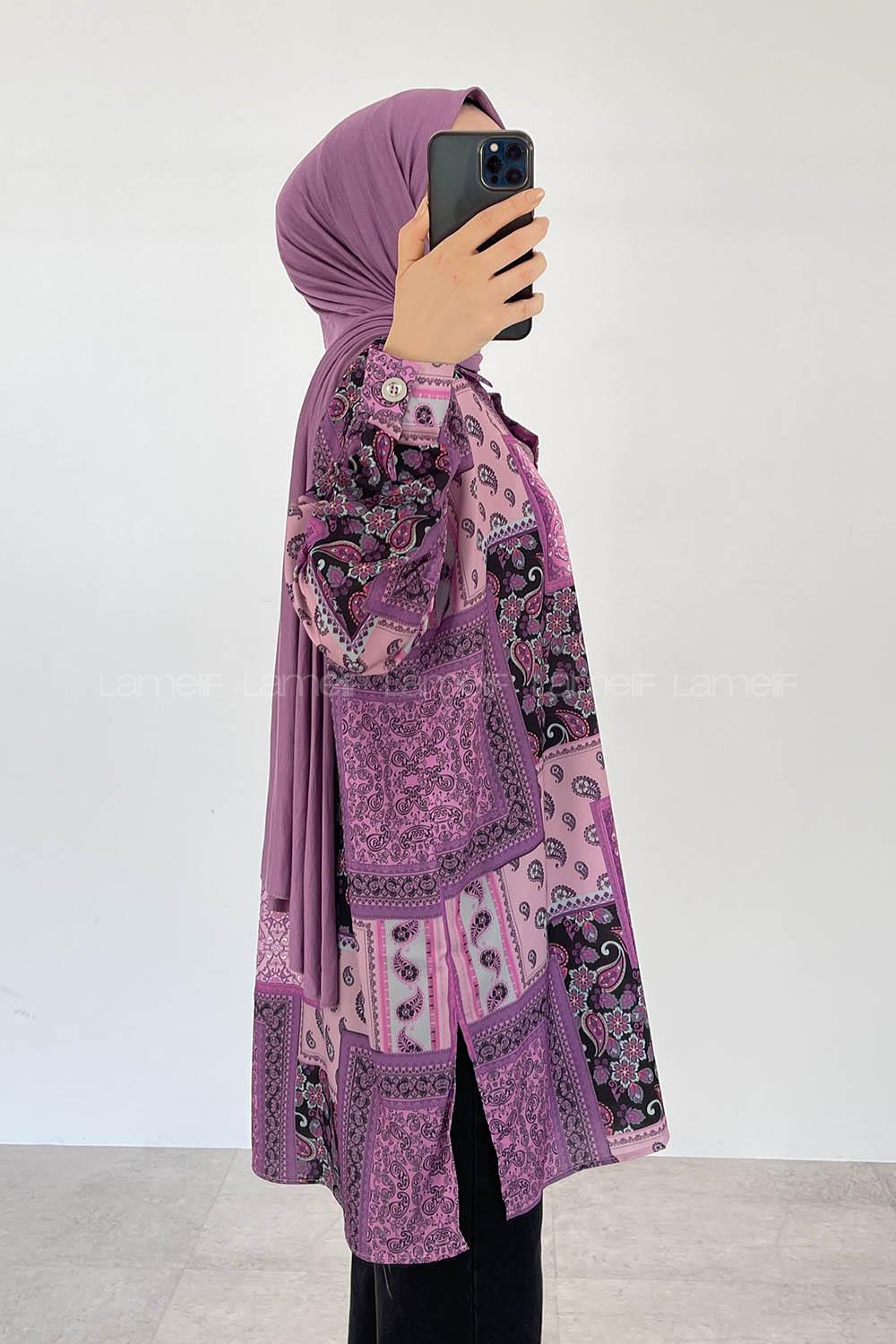Modalamelif Şal Desen Dijital Baskı Gömlek Mor