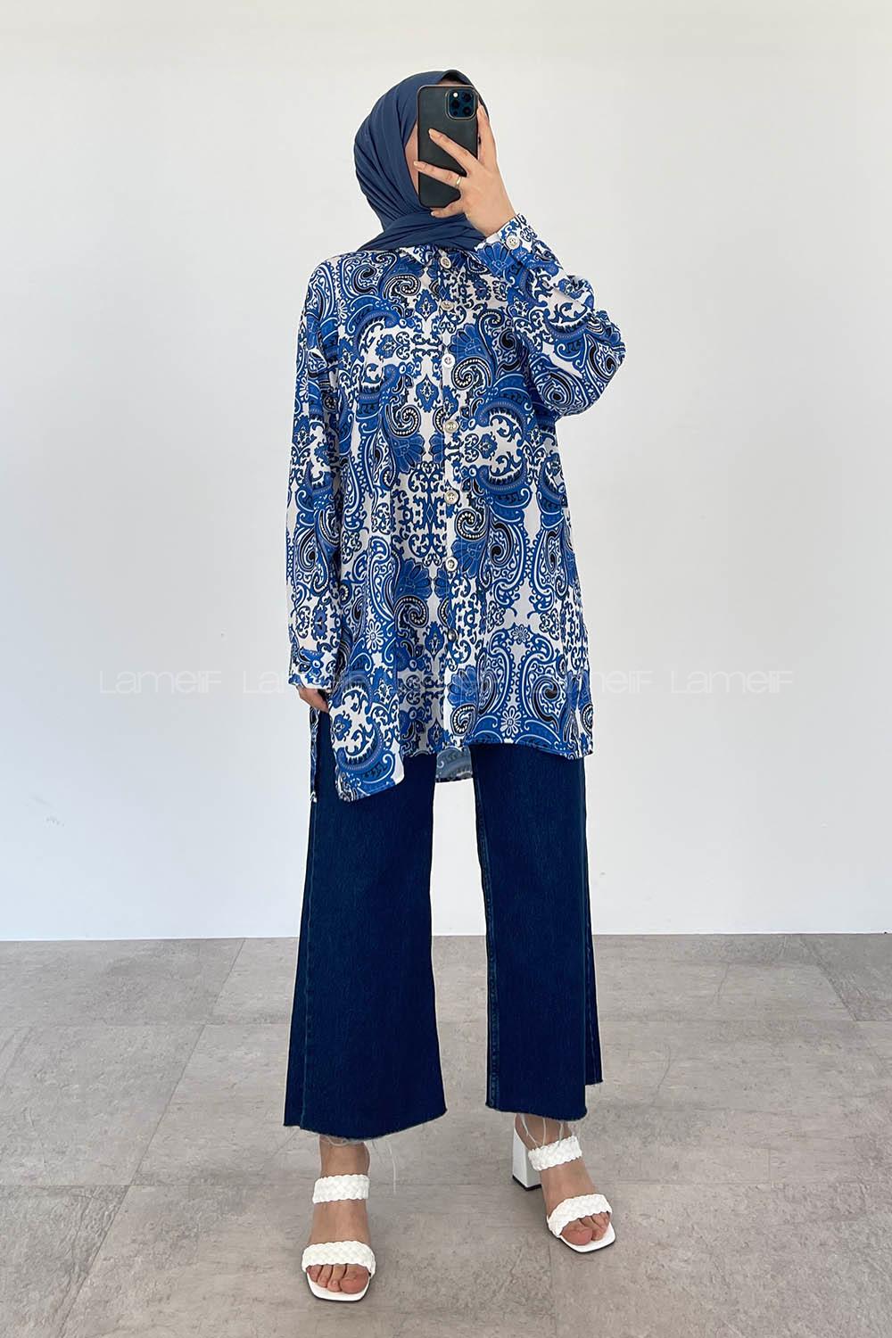 Modalamelif Şal Desen Dijital Baskı Gömlek Saks Mavisi