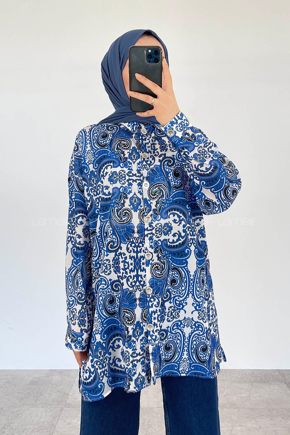 Modalamelif Şal Desen Dijital Baskı Gömlek Saks Mavisi