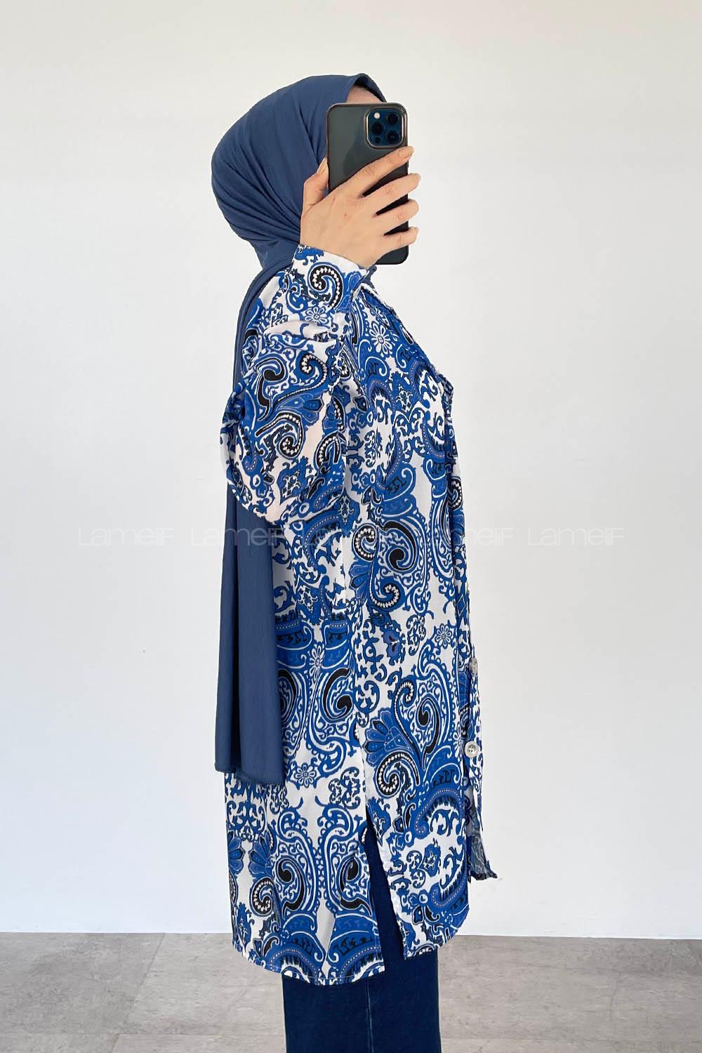 Modalamelif Şal Desen Dijital Baskı Gömlek Saks Mavisi