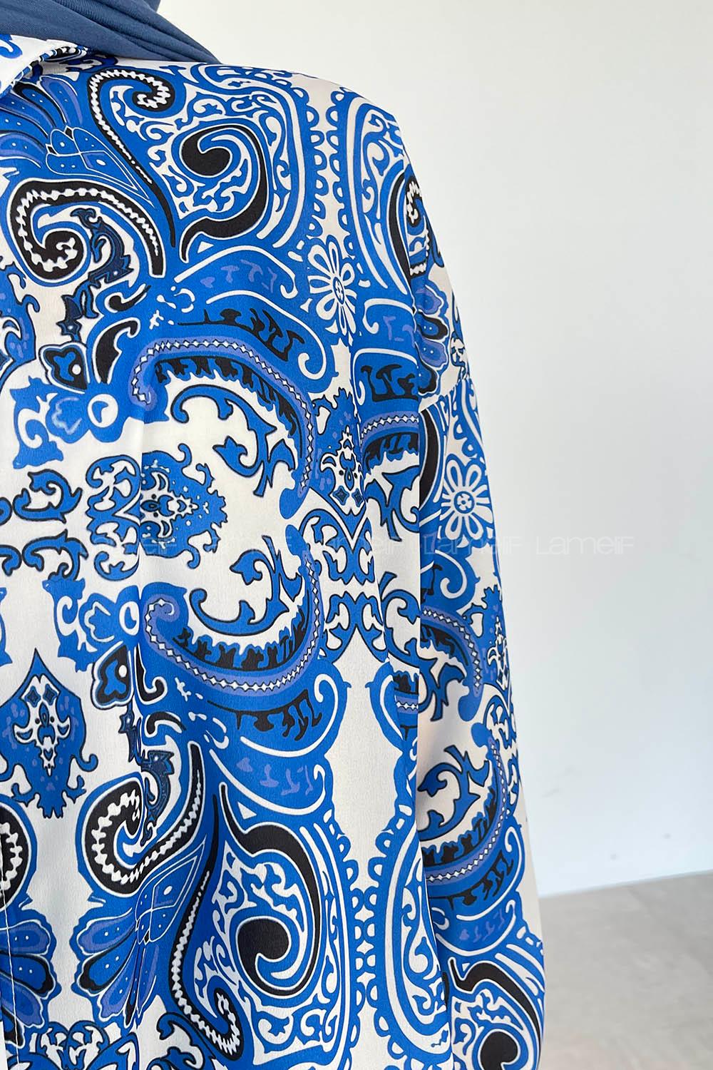 Modalamelif Şal Desen Dijital Baskı Gömlek Saks Mavisi