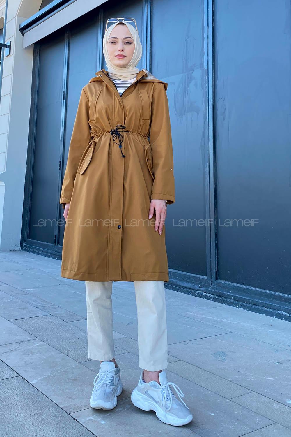 Modalamelif Kol Katlamalı Kapşonlu Trenç Taba