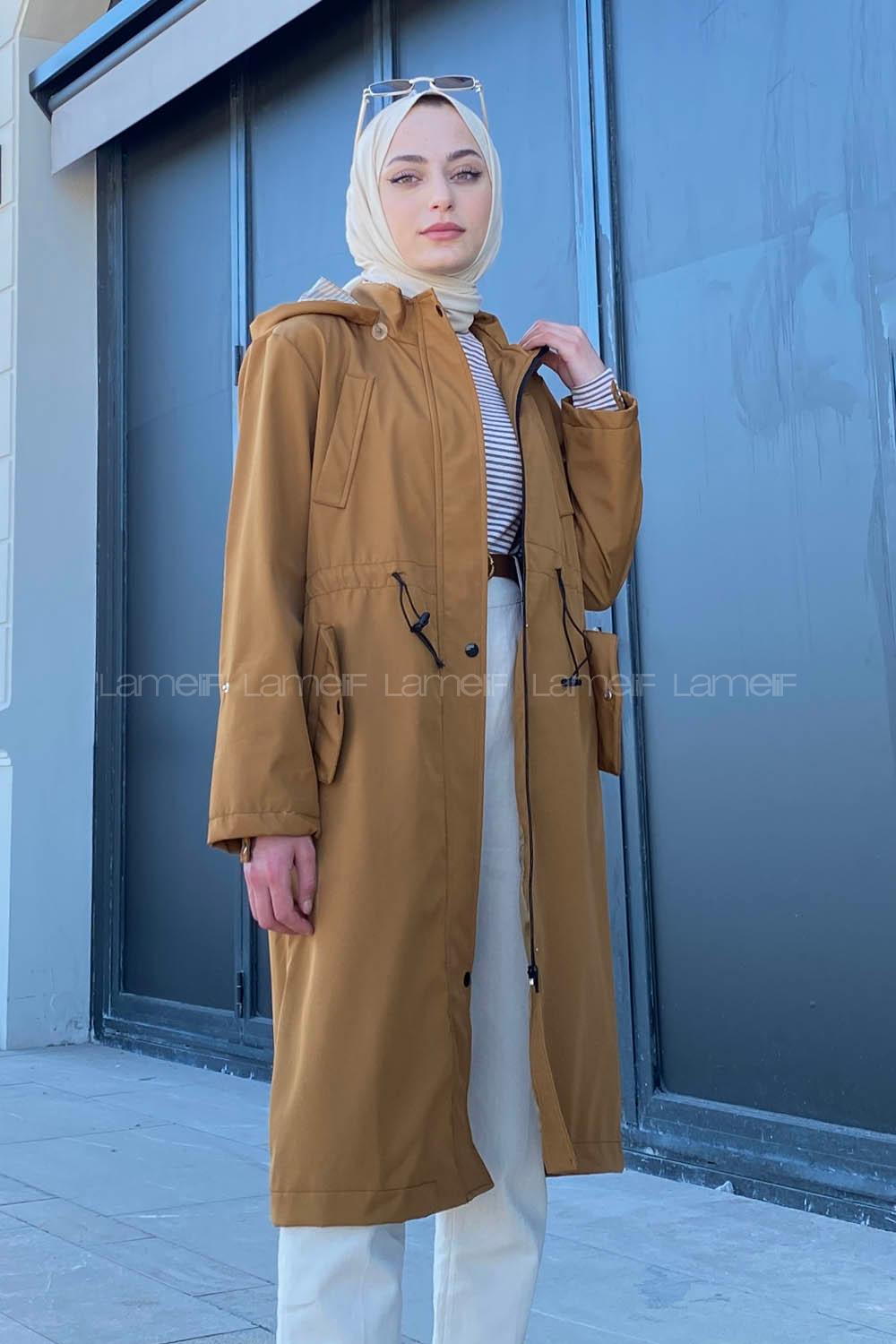 Modalamelif Kol Katlamalı Kapşonlu Trenç Taba