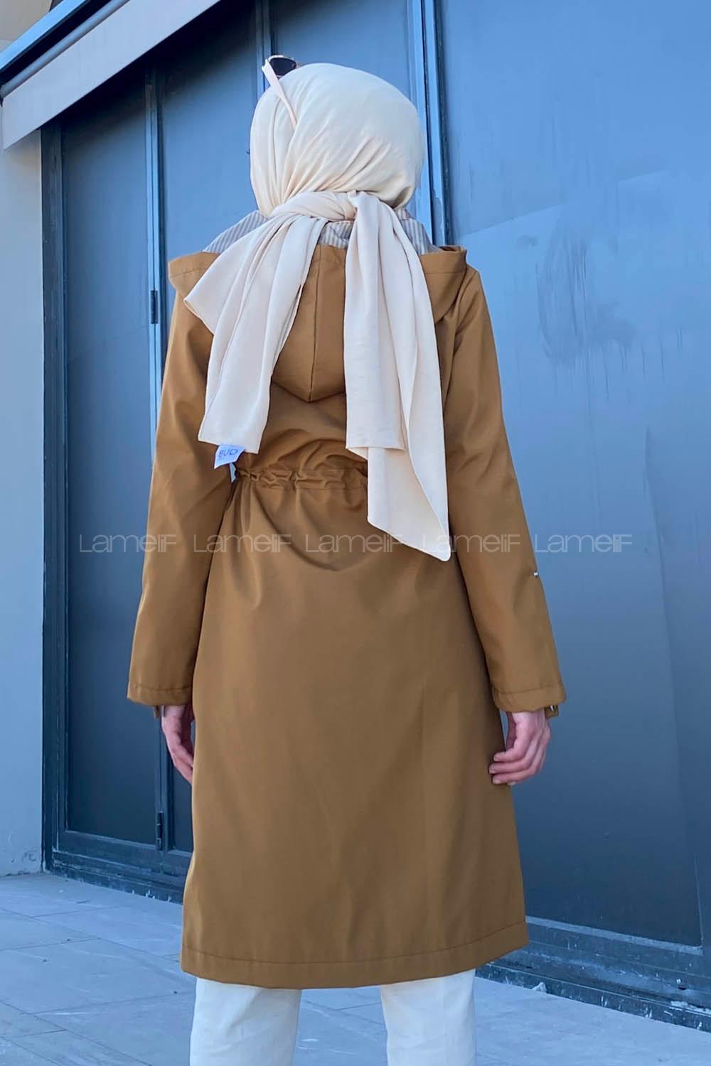 Modalamelif Kol Katlamalı Kapşonlu Trenç Taba