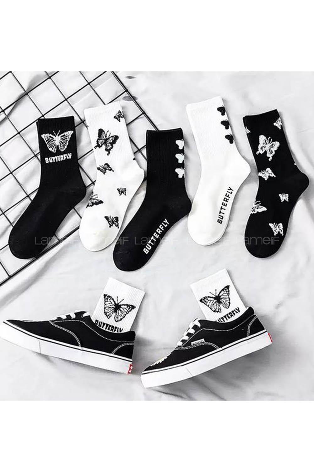 Lamelif 6 Çift Siyah Beyaz Kelebek Desenli Pamuklu Kolej Çorap