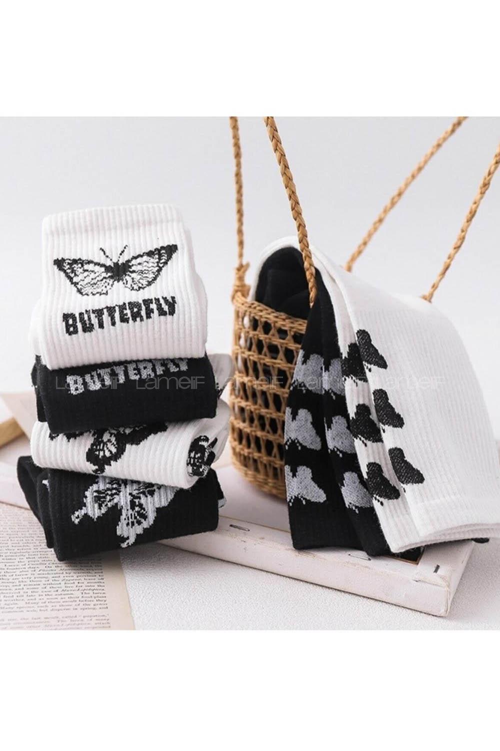 Lamelif 6 Çift Siyah Beyaz Kelebek Desenli Pamuklu Kolej Çorap