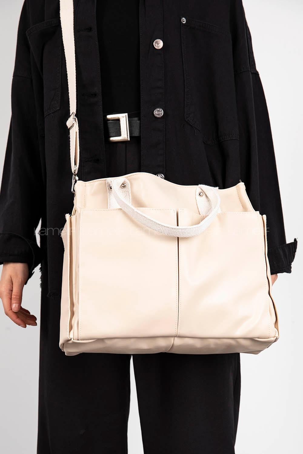 Lamelif Kadın Everyday Suni Deri Çapraz Çanta Roma Krem