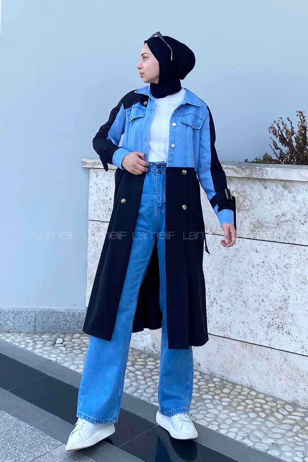 Modalamelif Belden Bağlamalı Kot Garnili Trenç Siyah