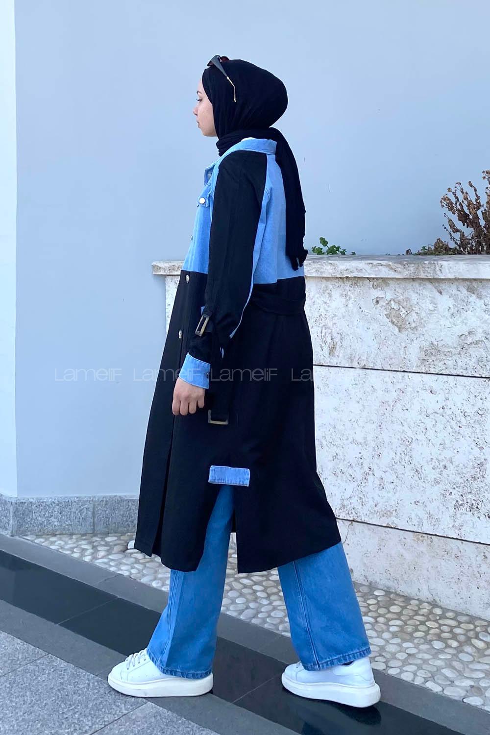 Modalamelif Belden Bağlamalı Kot Garnili Trenç Siyah