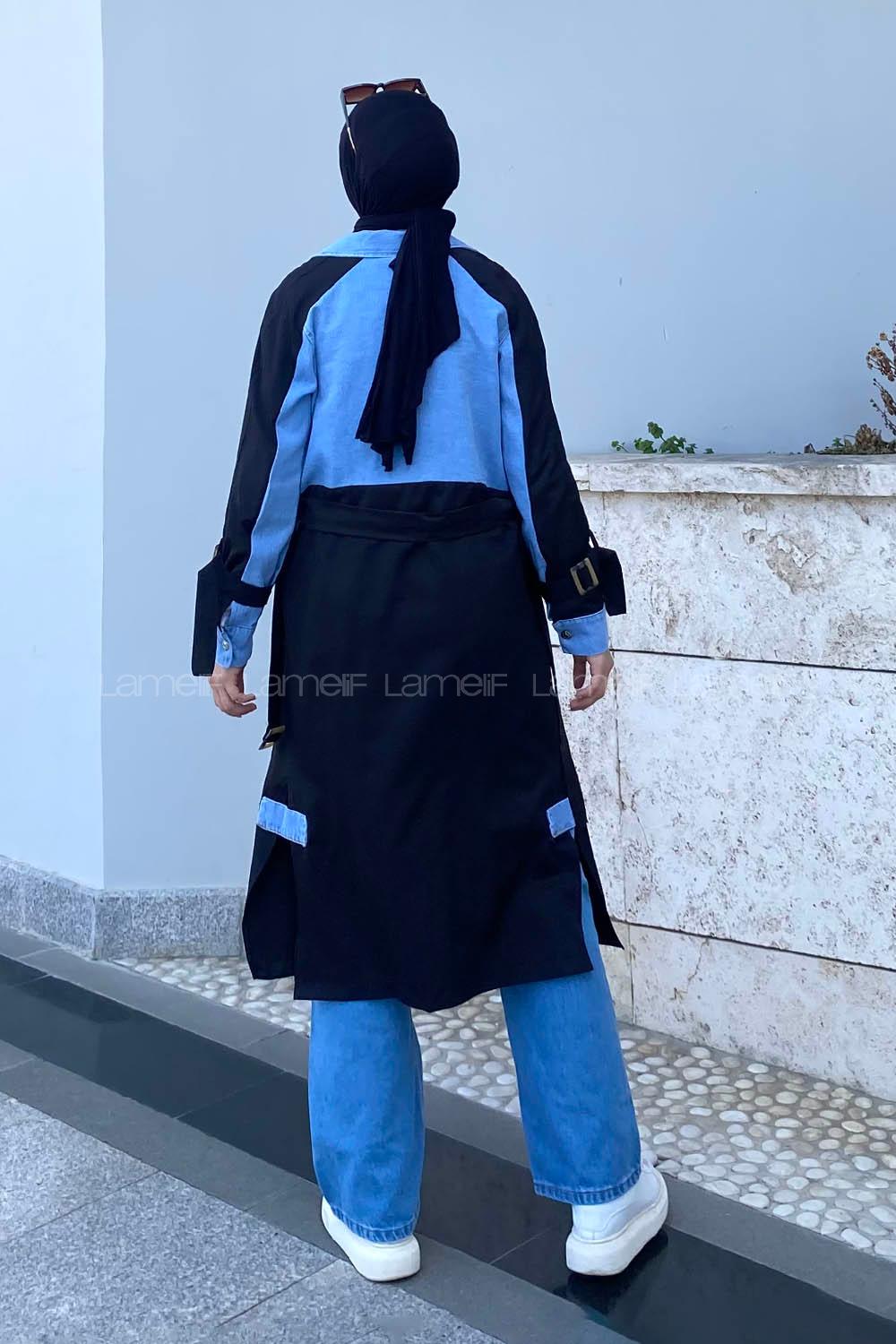 Modalamelif Belden Bağlamalı Kot Garnili Trenç Siyah