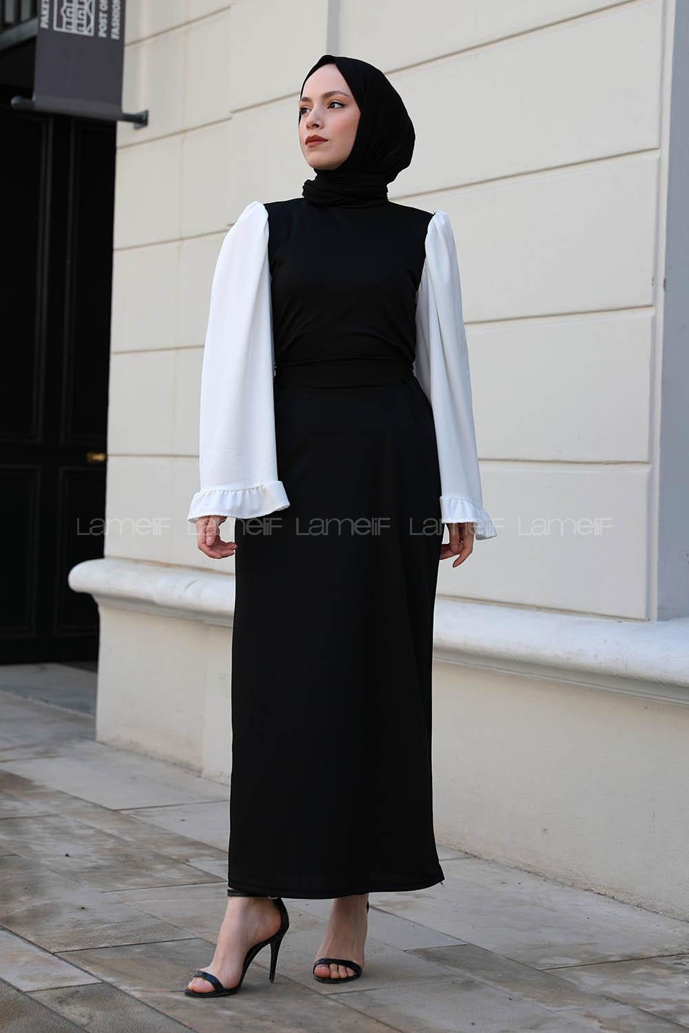 Lamelif Garnili Kolu Volanlı Tesettür Elbise Siyah