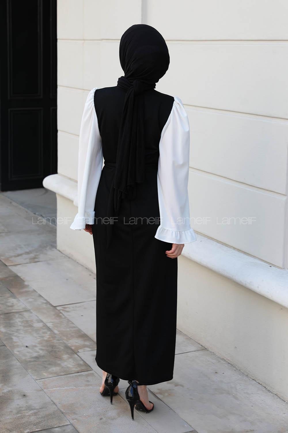 Lamelif Garnili Kolu Volanlı Tesettür Elbise Siyah