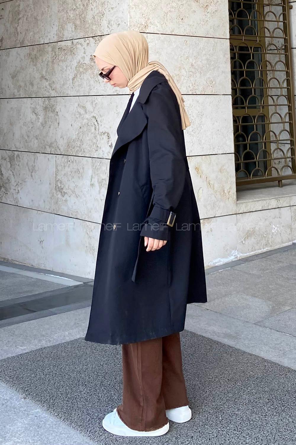 Black Long Arm Belted Cotton Trench Coat