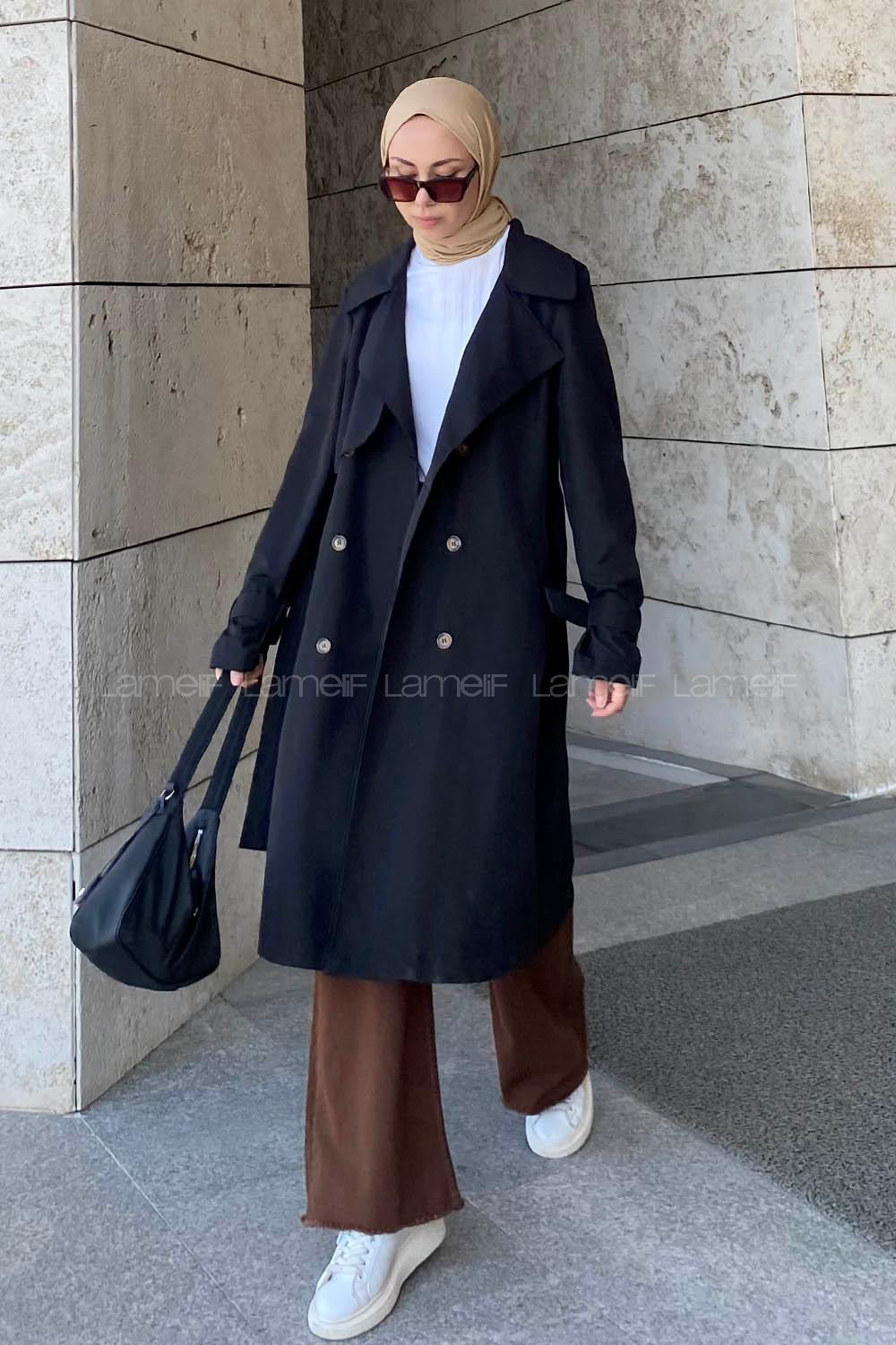 Black Long Arm Belted Cotton Trench Coat