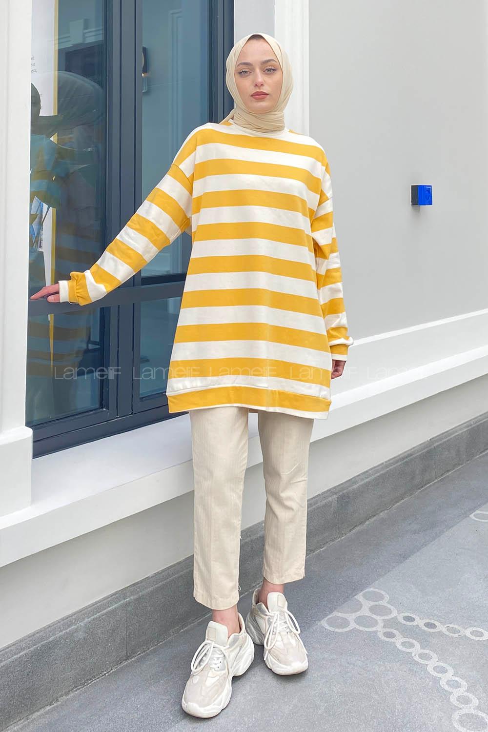 Modalamelif Bisiklet Yaka Kalın Çizgili Sweatshirt Beyaz-Sarı
