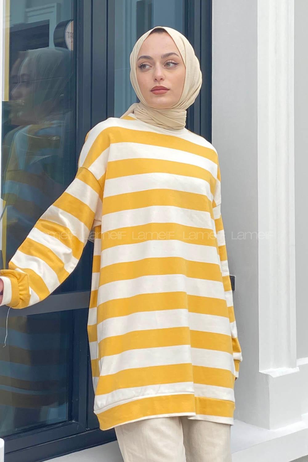 Modalamelif Bisiklet Yaka Kalın Çizgili Sweatshirt Beyaz-Sarı