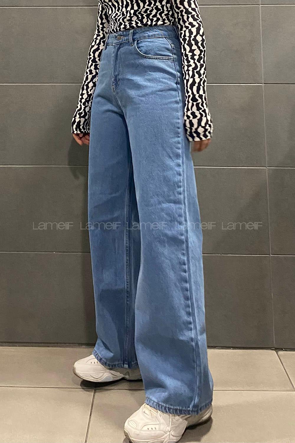 Lamelif Bol Paça Dökümlü Jeans Açık Mavi