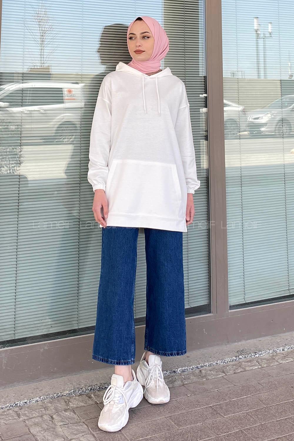 Modalamelif Kapşonlu Kanguru Cep Sweat Beyaz