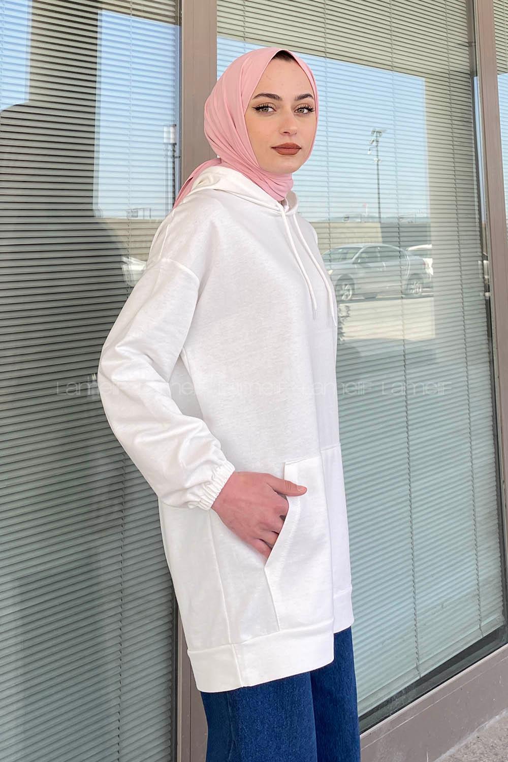 Modalamelif Kapşonlu Kanguru Cep Sweat Beyaz