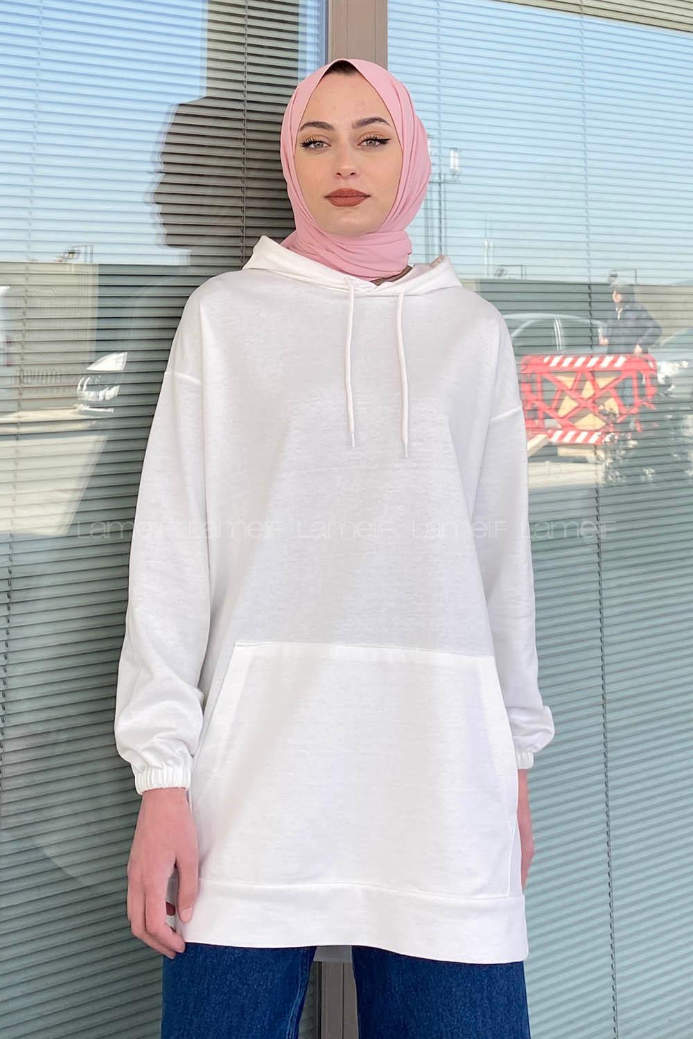 Modalamelif Kapşonlu Kanguru Cep Sweat Beyaz