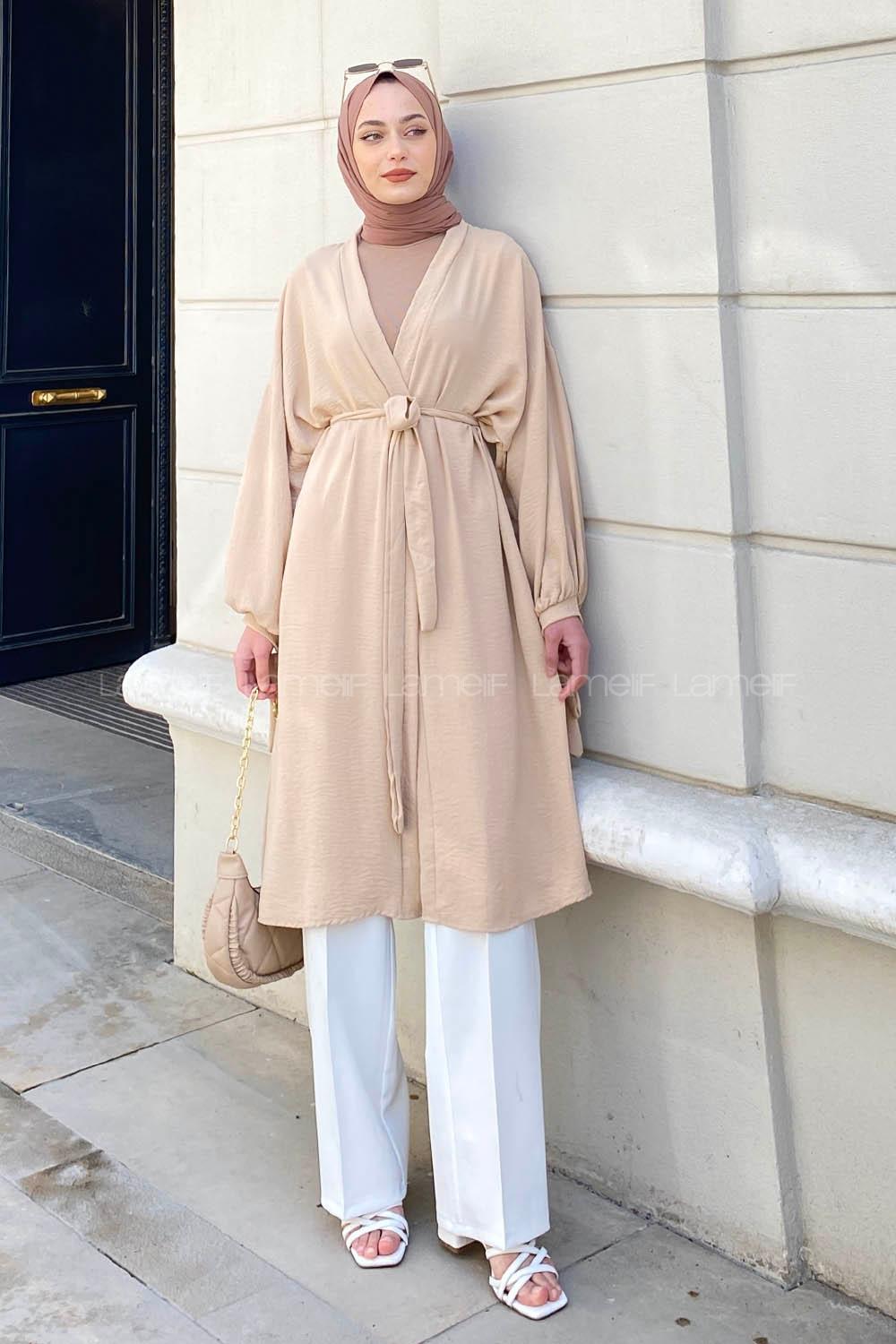 Cream Bat Sleeve Arm Without Accessories Viscose Fabric Straight Kimono