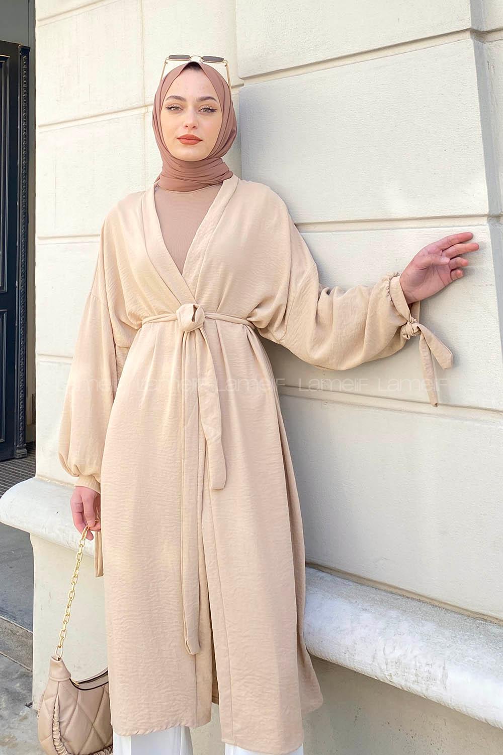 Cream Bat Sleeve Arm Without Accessories Viscose Fabric Straight Kimono