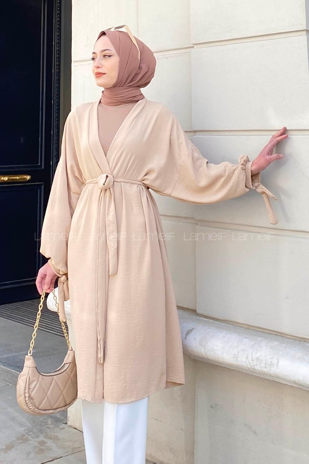 Cream Bat Sleeve Arm Without Accessories Viscose Fabric Straight Kimono