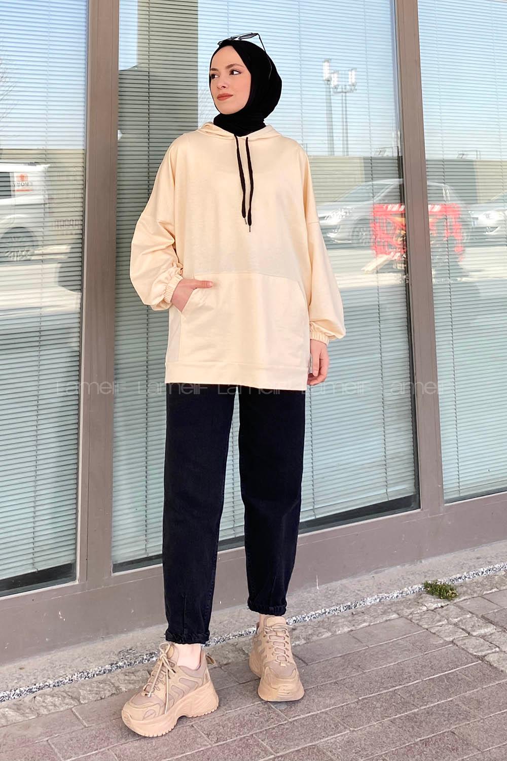 Lamelif Kapşonlu  Karpuz Kol  Sweat Krem