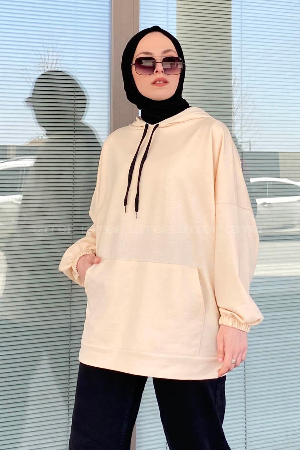 Lamelif Kapşonlu  Karpuz Kol  Sweat Krem