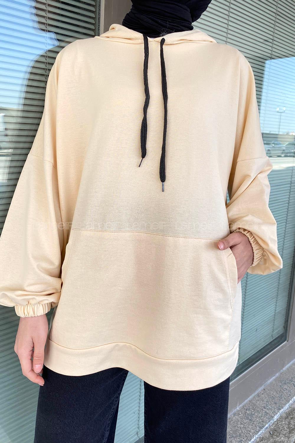 Lamelif Kapşonlu  Karpuz Kol  Sweat Krem