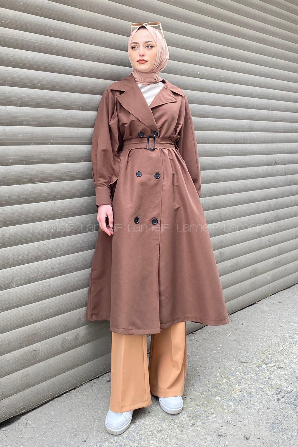 Lamelif Önü Düğmeli Mevsimlik Trençkot Acı Kahve