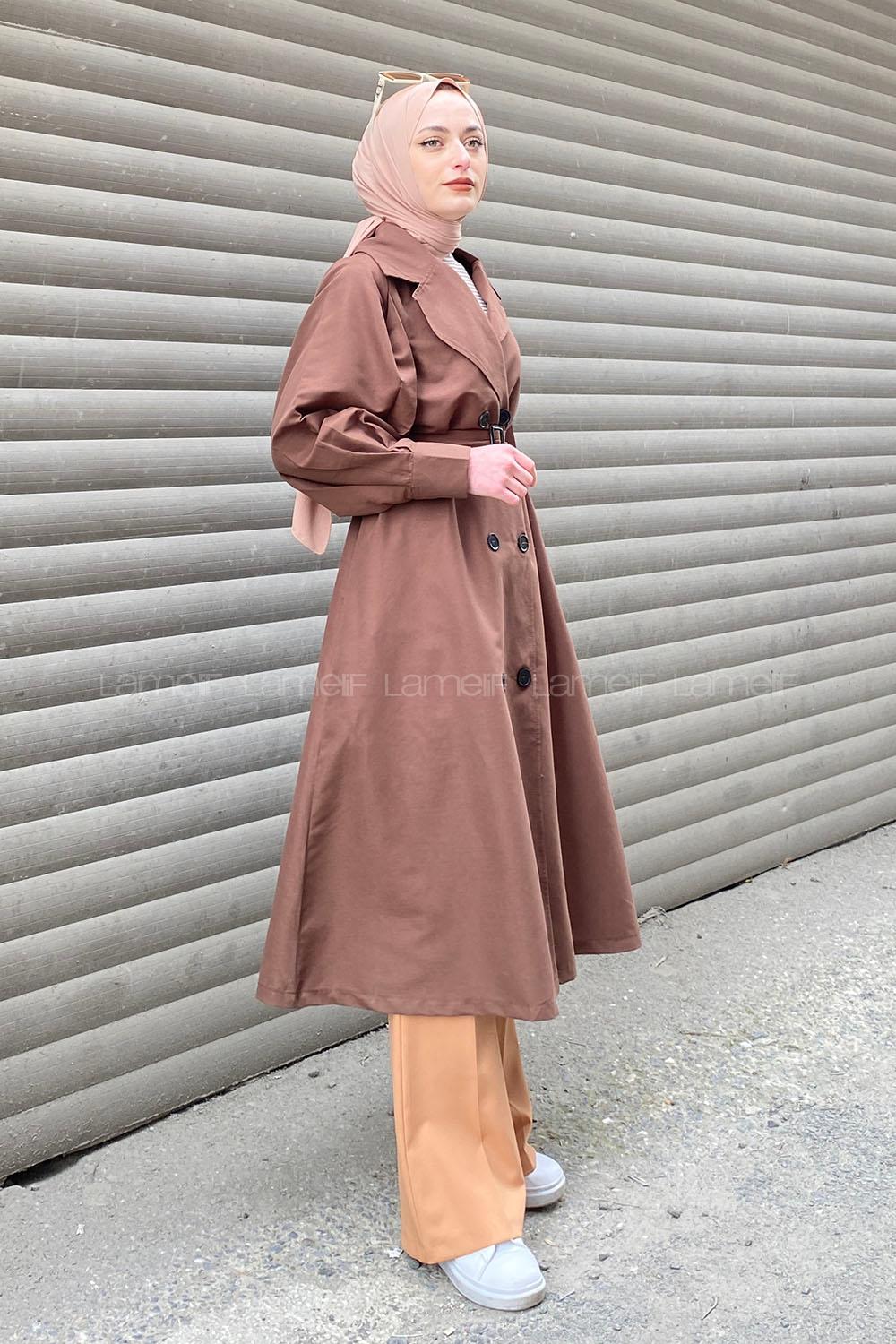 Lamelif Önü Düğmeli Mevsimlik Trençkot Acı Kahve