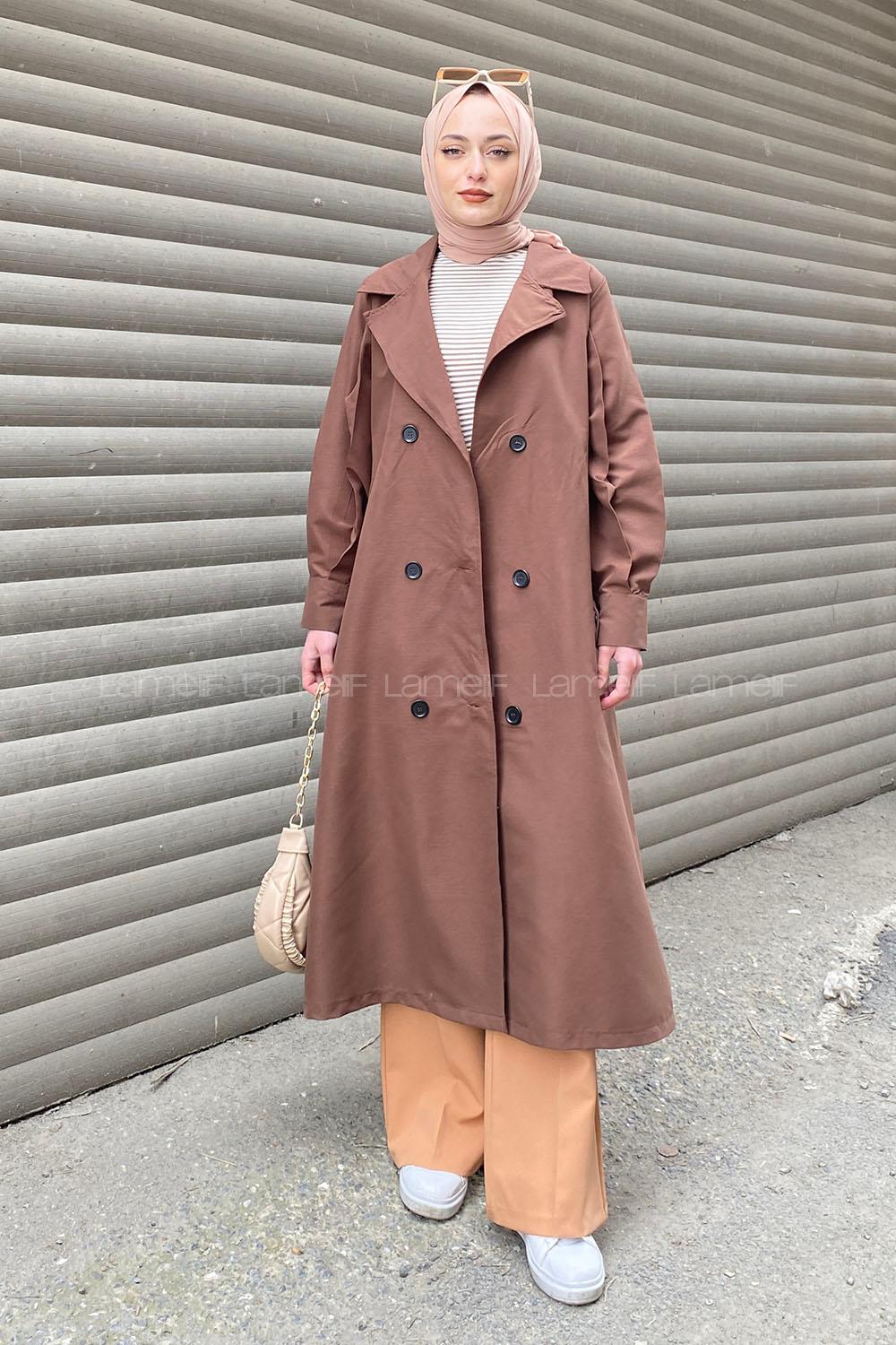 Lamelif Önü Düğmeli Mevsimlik Trençkot Acı Kahve